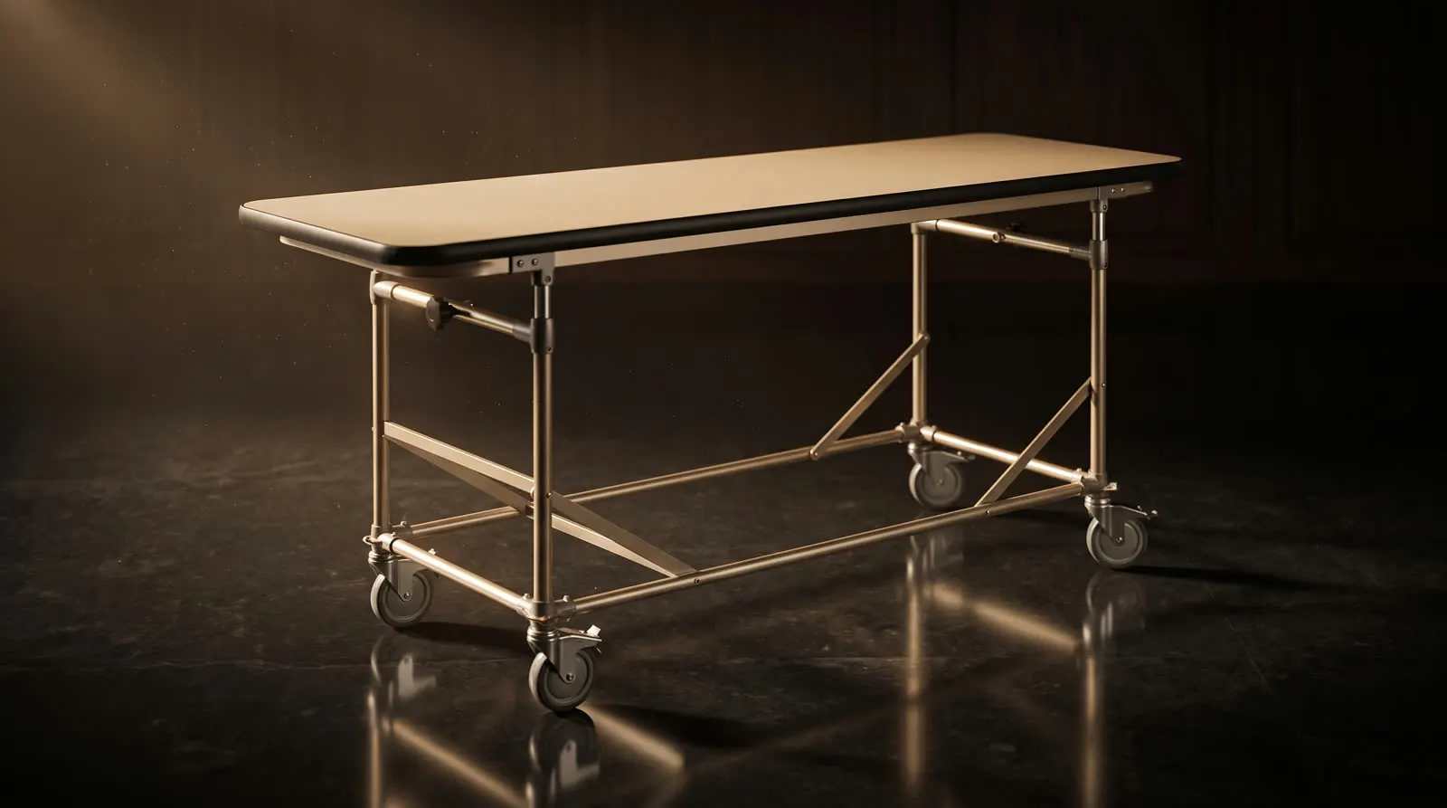 A2DT changing table with laminate top and anodized aluminum frame in a dark showroom under warm light