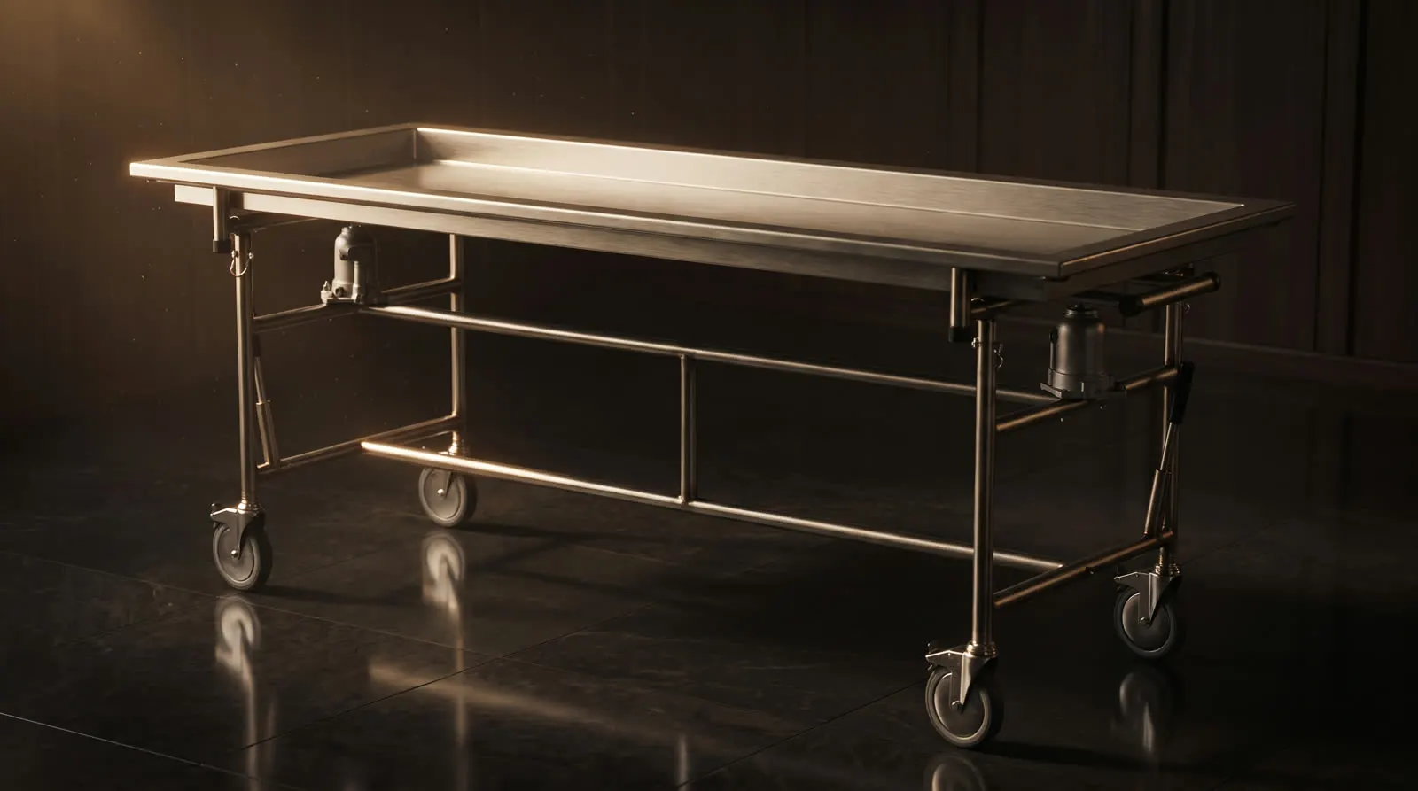 A4H Brute Magnum hydraulic embalming table in full stainless steel on a dark stone floor under warm light