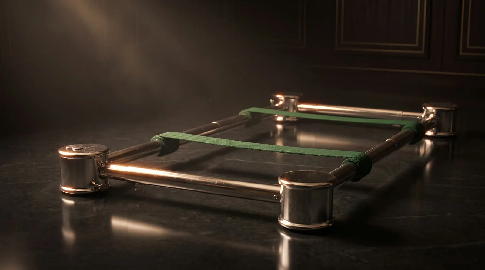 A4LD cemetery lowering device in gleaming chrome with green straps on dark marble under warm light