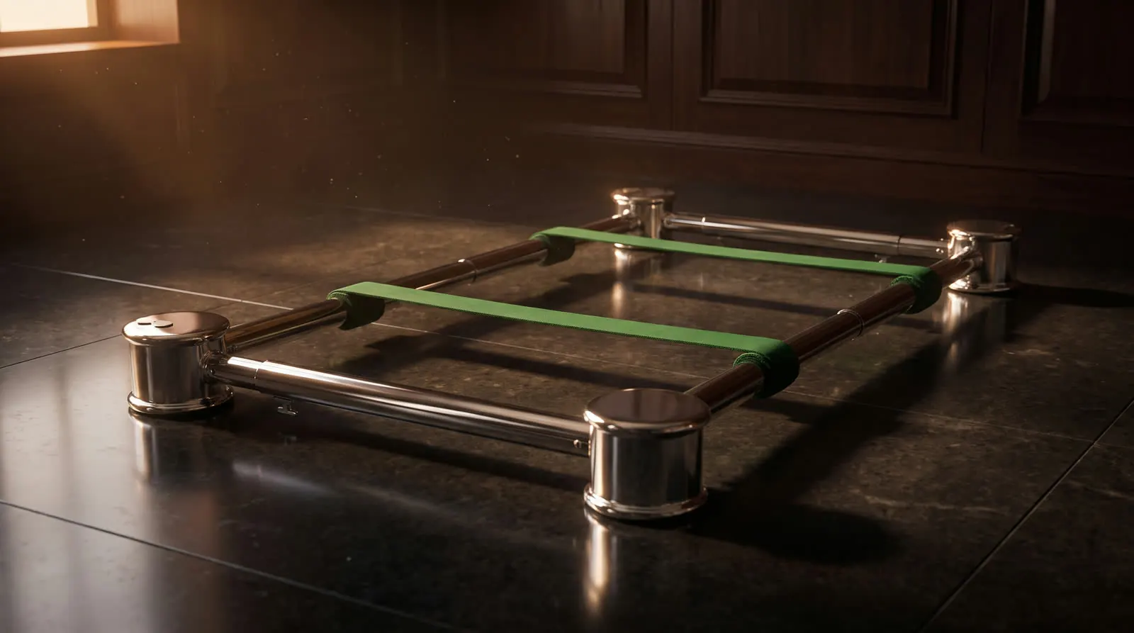 A4LDS stainless steel cemetery lowering device with green straps on dark marble under warm light