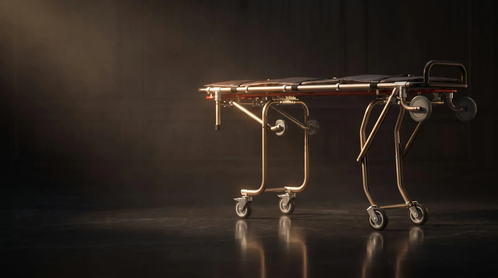 MC100A mortuary cot in champagne anodized aluminum standing in a dark showroom under warm light