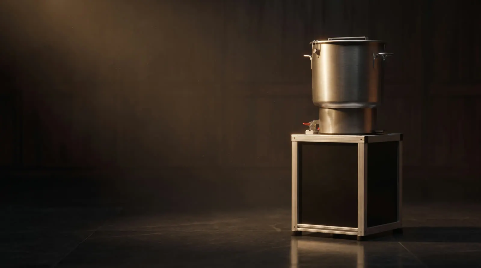 Premier remains processor with brushed stainless pot on its black cabinet base, in a dark workshop under warm light