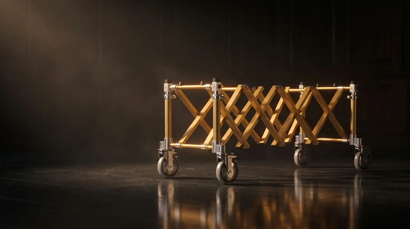 A1G gold church truck with scissor frame on a dark stone floor under warm amber light