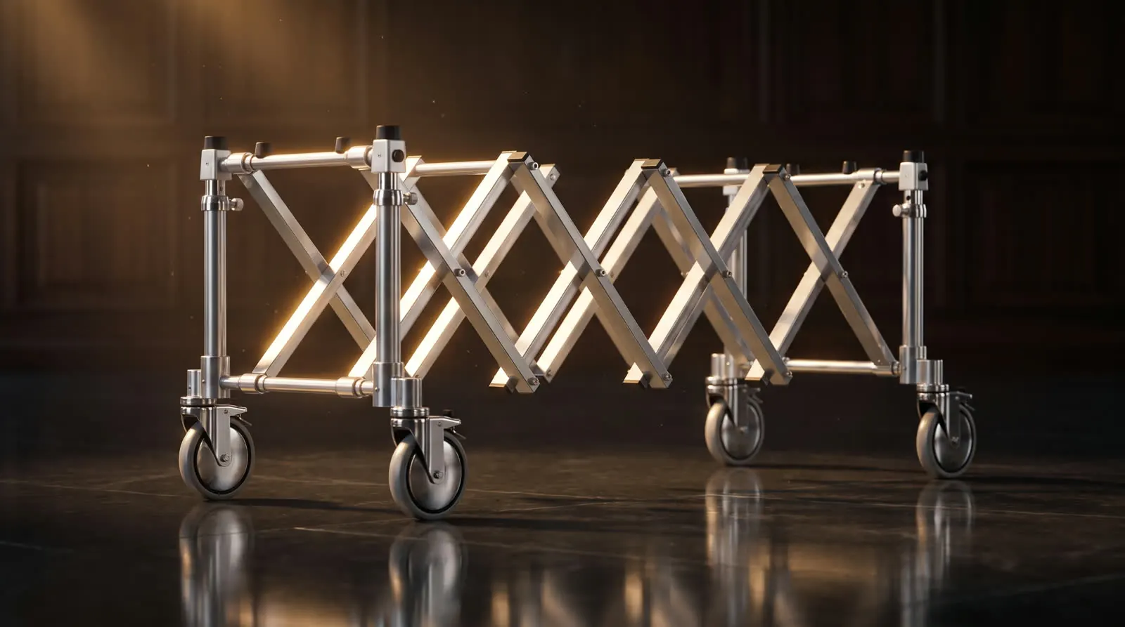 A1S silver church truck with scissor frame in a dark showroom under warm light