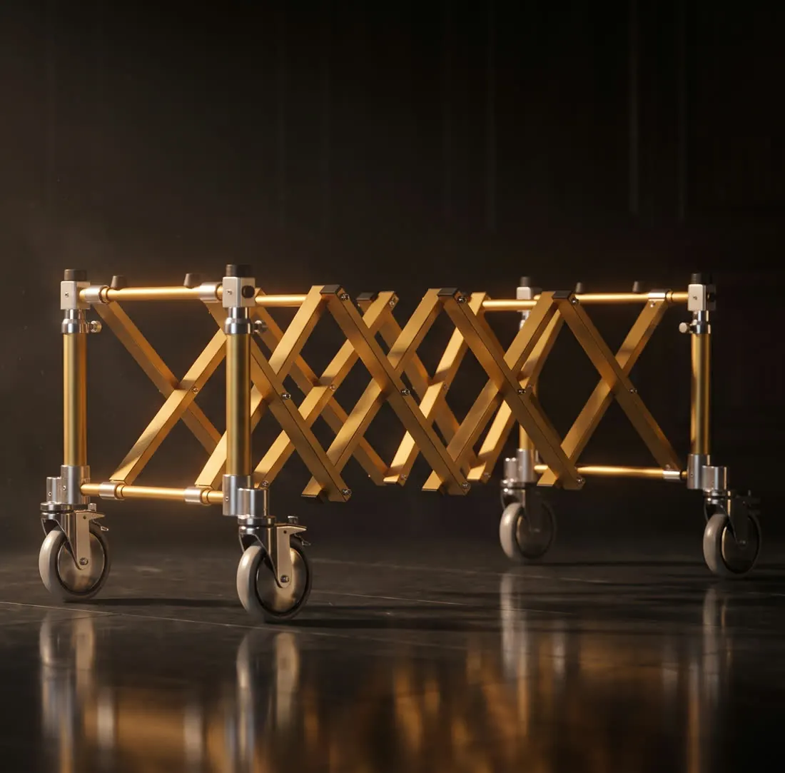 Premier's gold A1G church truck in a dark showroom, warm light raking across its scissor frame
