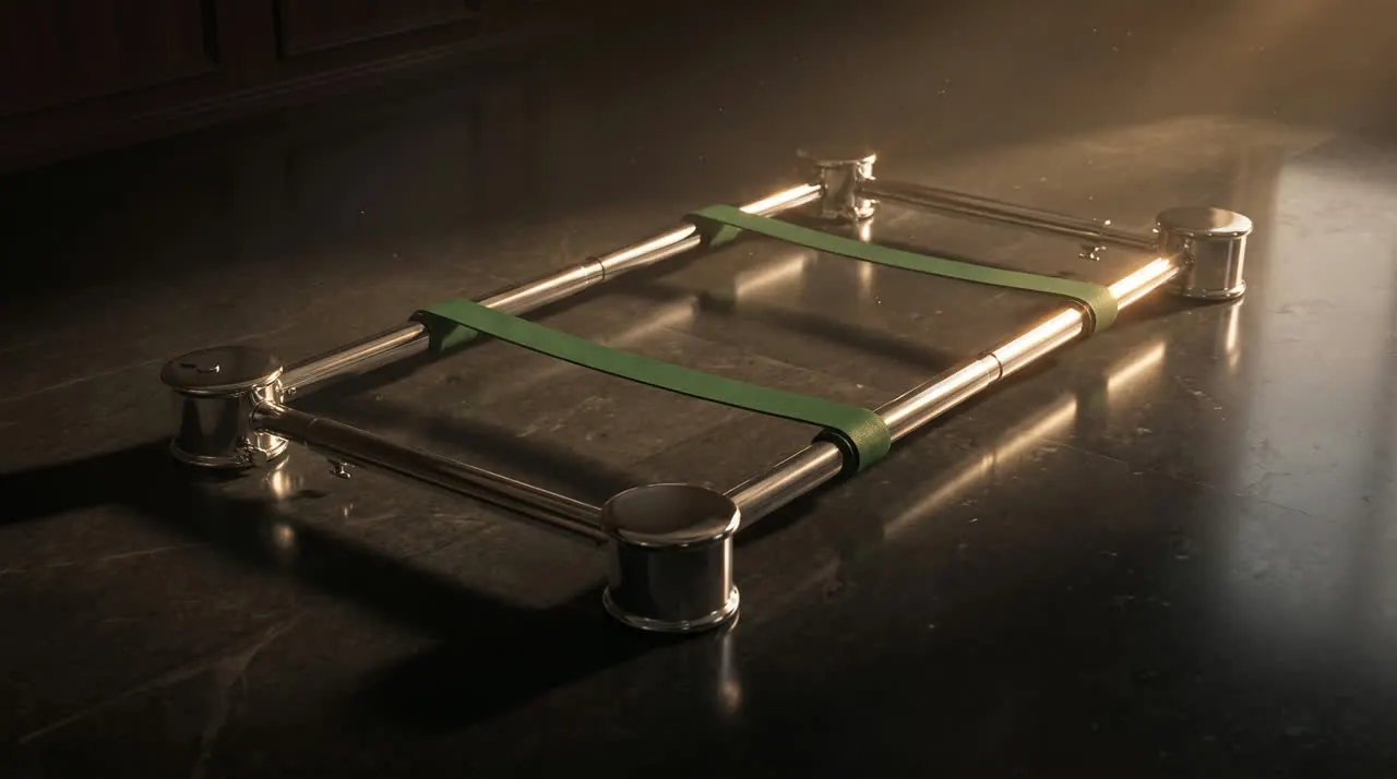 Chrome cemetery lowering device with green straps seen from above on dark marble