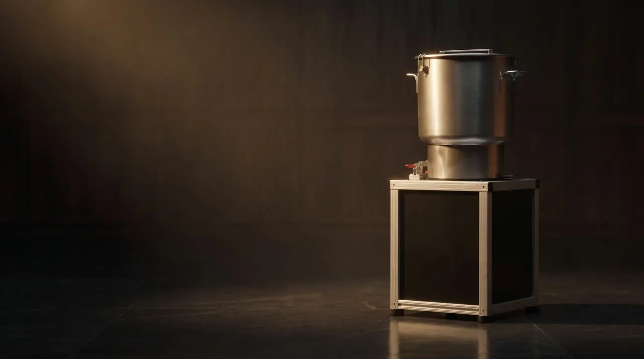 Premier remains processor in a dark workshop, warm light rolling across the stainless pot